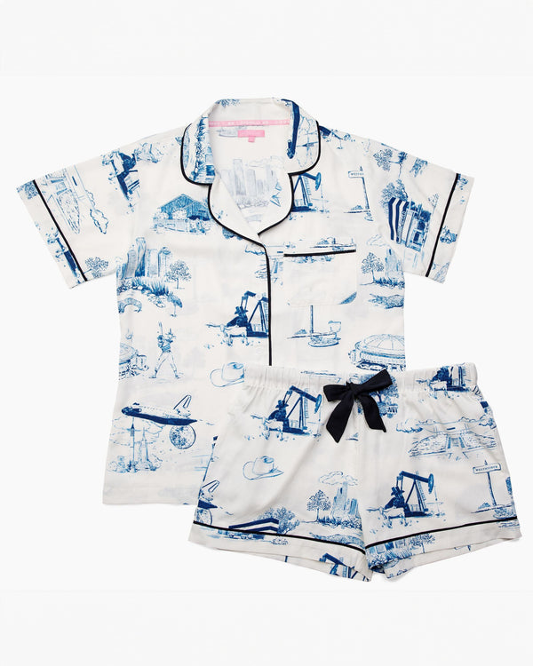 Katie Kime Houston Toile Pajama Shorts Set - White/Navy