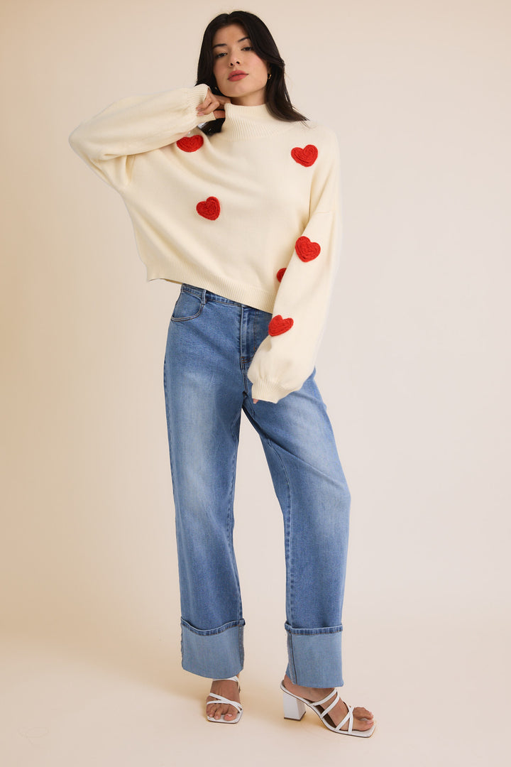 High Neck 3D Heart Sweater