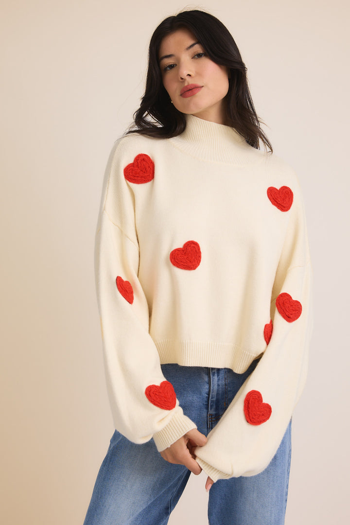 High Neck 3D Heart Sweater