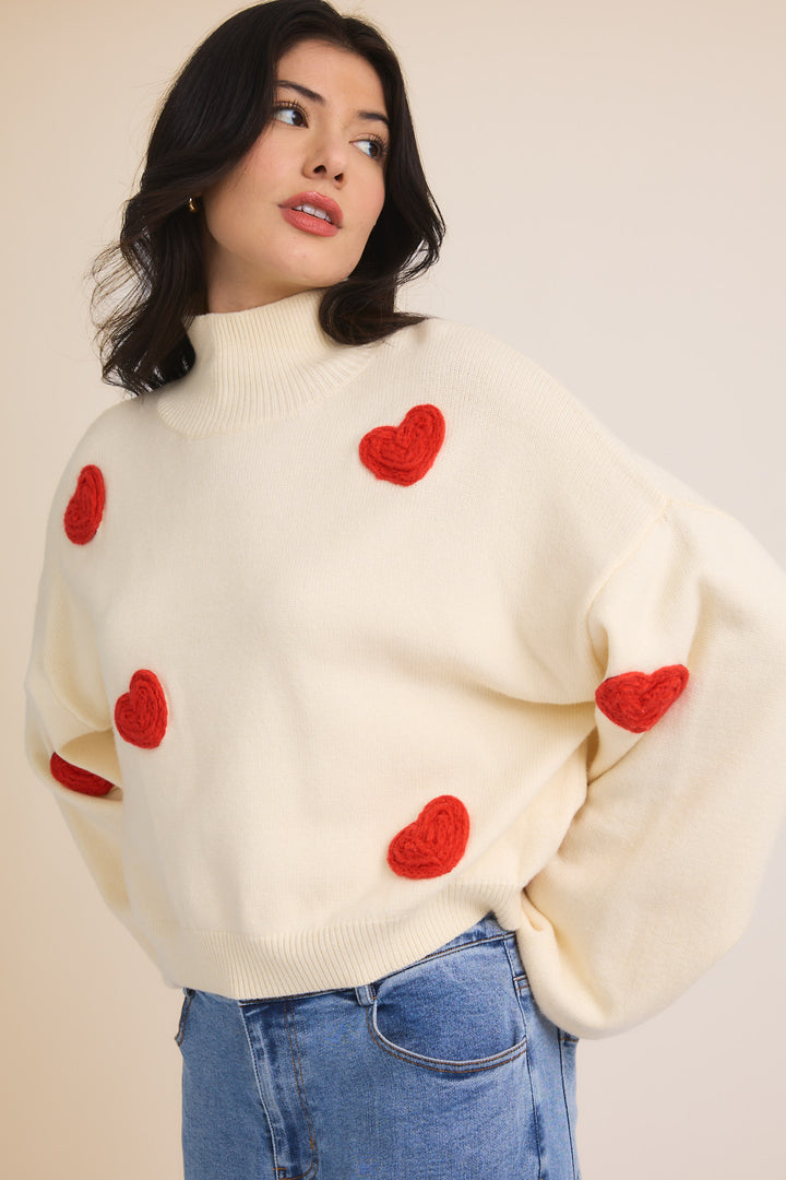 High Neck 3D Heart Sweater