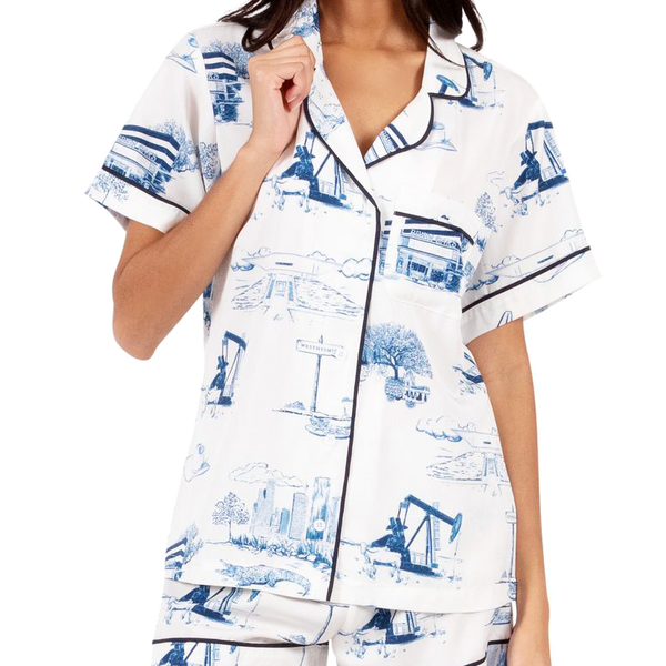 Katie Kime Houston Toile Pajama Shorts Set - White/Navy