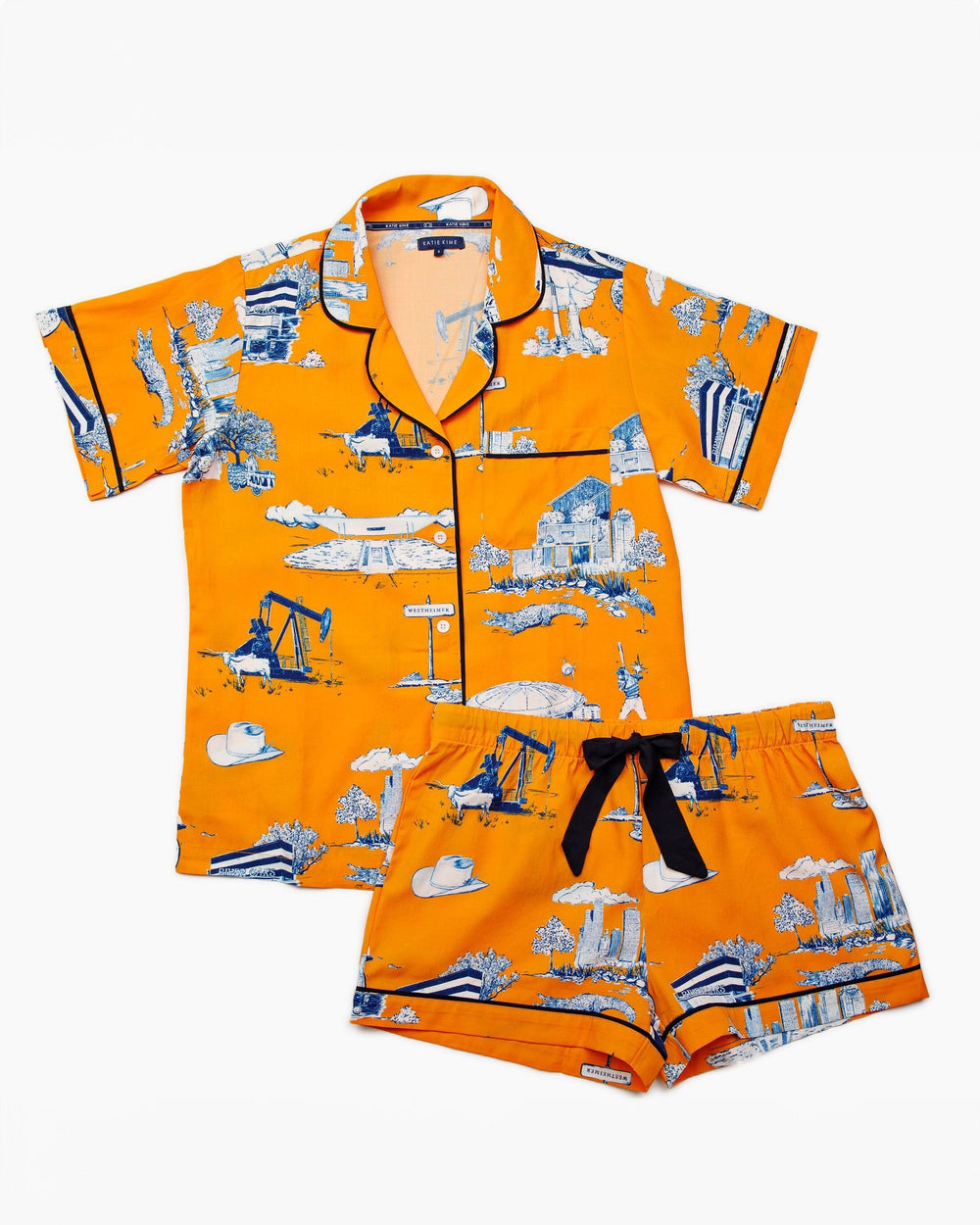 Katie Kime Houston Toile Pajama Shorts Set - Orange/Navy