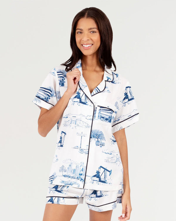 Katie Kime Houston Toile Pajama Shorts Set - White/Navy